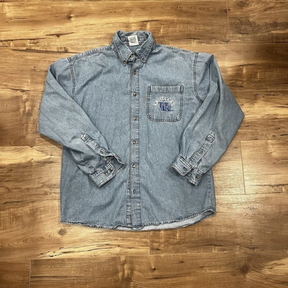 VTG Joe College Authentic Kentucky Wildcats UK Denim‎ Shirt L  Embroidered Logo